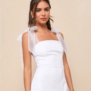 Lulu's White Mini Dress with Sheer Pearl-Tie Straps